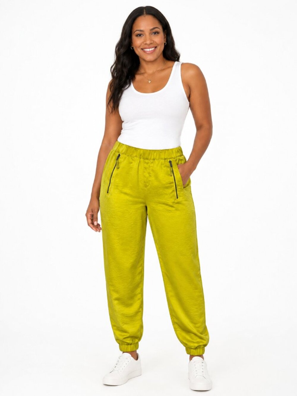 HeiHei Anthropologie Elastic-Waist & Legs Yellow-Green Pants with Zip Pockets